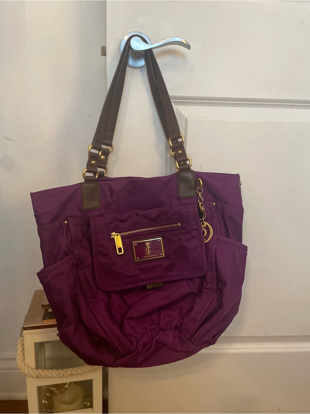 Vintage Juicy Couture Purple Nylon Tote Bag with Brown Straps